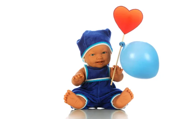 Schattige Baby Jongen Pop Blauwe Jumpsuit Hoed Met Ballonnen Witte — Stockfoto