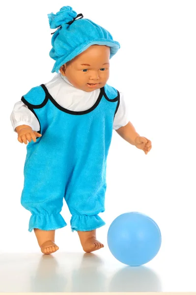 Leuke Baby Jongen Pop Turquoise Jumpsuit Hoed Met Blauwe Ballon — Stockfoto