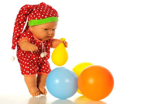 Schattig Baby Jongen Pop Rode Polka Dot Overalls Hoed Spelen — Stockfoto