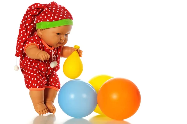 Schattig Baby Jongen Pop Rode Polka Dot Overalls Hoed Spelen — Stockfoto