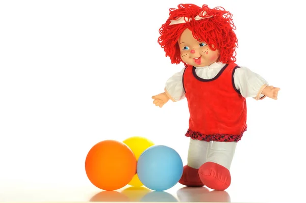 Schattig Jongetje Met Kleurrijke Speelgoed Lappenpop Met Kleurrijke Ballonnen Geïsoleerd — Stockfoto