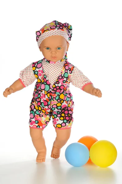 Pop Schattig Klein Meisje Kleurrijke Kleren Met Kleurrijke Ballonnen Witte — Stockfoto