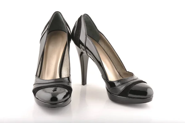 Sapatos Pretos Femininos Fundo Branco — Fotografia de Stock