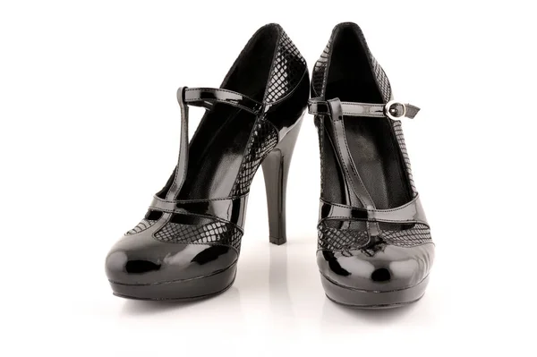 Sapatos Femininos Pretos Com Salto Alto Tiras Tornozelo Isolados Fundo — Fotografia de Stock