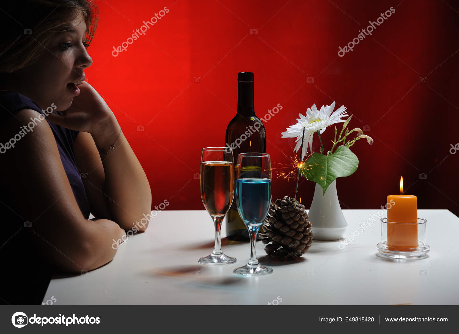 Sad Woman Sitting Table Bottle Wine Glasses — Stock Photo