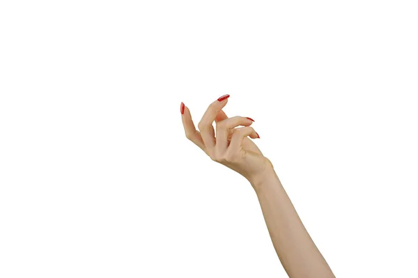 Mão Feminina Com Manicure Vermelho Segurando Algo Isolado Fundo Branco — Fotografia de Stock