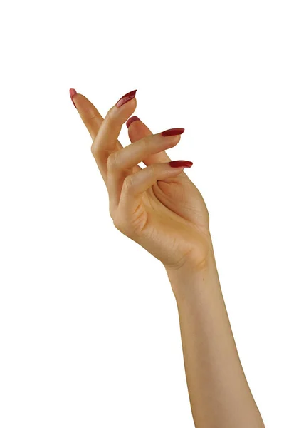 Vrouwelijke Hand Met Rode Manicure Houden Iets Geïsoleerd Witte Achtergrond — Stockfoto