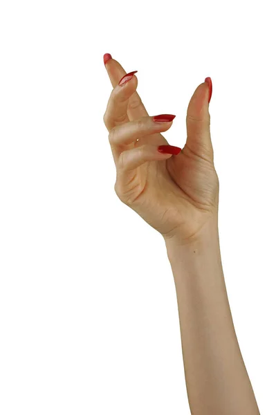 Γυναικείο Χέρι Κόκκινο Μανικιούρ Που Κρατάει Κάτι Απομονωμένο Λευκό Φόντο — Φωτογραφία Αρχείου