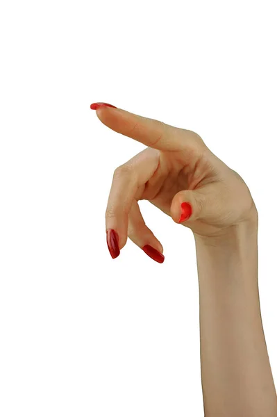 Mano Femenina Con Manicura Roja Sosteniendo Algo Aislado Sobre Fondo — Foto de Stock