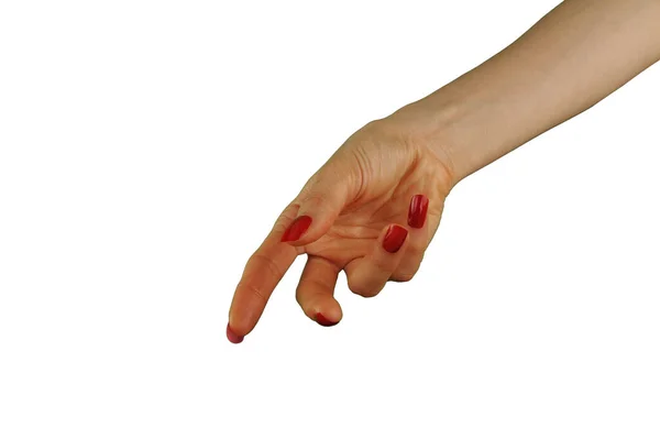 Kobieta Czerwonym Manicure Gospodarstwa Coś Izolowane Białym Tle — Zdjęcie stockowe