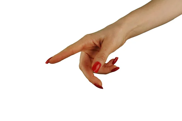 Main Féminine Avec Manucure Rouge Tenant Quelque Chose Isolé Sur — Photo