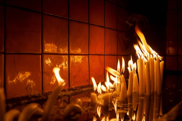 Burning Candles Fireplace Church — Stock Photo, Image