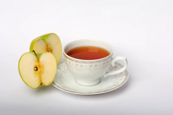 Cup Tea Apple White Background Isolated — Stock Photo, Image