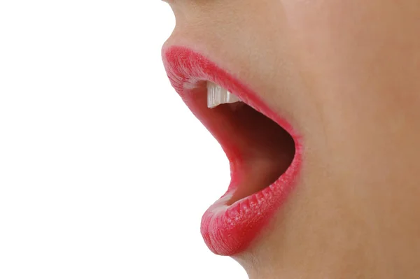 Nahaufnahme Einer Jungen Frau Mit Rotem Lippenstift Isoliert Weißen Hintergrund — Stockfoto