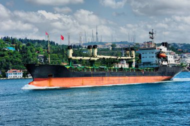 Gemi kocaman bir tankeri olan büyük bir kargo konteynırı..