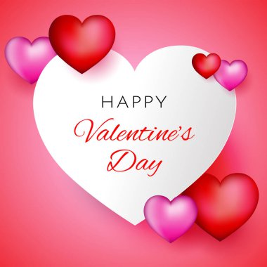 White heart shape, paper cutting style with wording for greeting Valentine's day decorated with pink and red 3d hearts shape object. Vector illustration background.