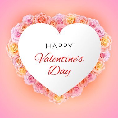 White heart shape, paper cutting style with wording for greeting Valentine's day decorated with sweet roses as border. Vector illustration background.