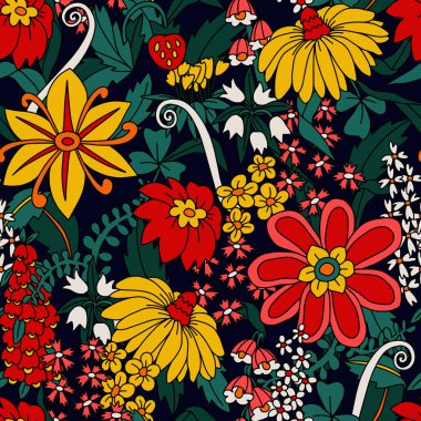 Hippi tarzında büyük çiçeklerle kusursuz bir desen. Vektör