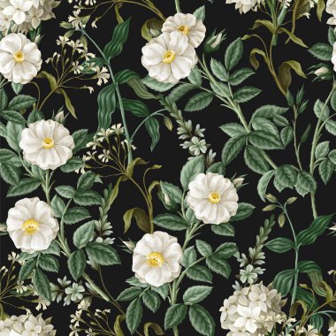 Beyaz güllerle kusursuz desen. Vektör