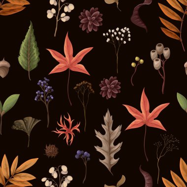 Sonbahar yaprakları ve kurumuş bitkilerle kusursuz desen. Vektör