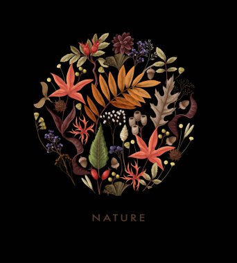 Sonbahar yaprakları ve kurumuş bitkilerle izole edilmiş bir kart. Vektör.