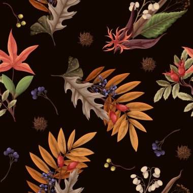 Sonbahar yaprakları ve kurumuş bitkilerle kusursuz desen. Vektör