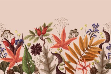 Sonbahar yaprakları ve kurumuş bitkilerle sınır. Vektör