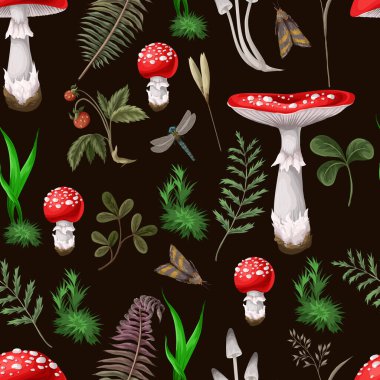 Sivri sinek, diğer mantarlar ve bitkilerle kusursuz desen. Vektör