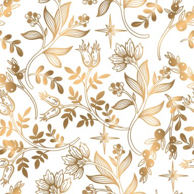 Altın Noel elementleriyle kusursuz bir desen. Vektör