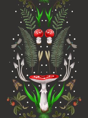 Sivri sinek, diğer mantarlar ve bitkilerle kusursuz desen. Vektör