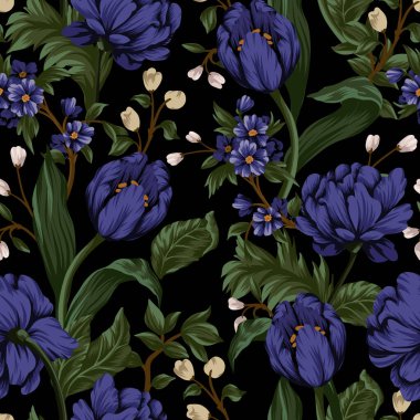 Mor şakayık ve küçük çiçeklerle kusursuz bir desen. Vektör