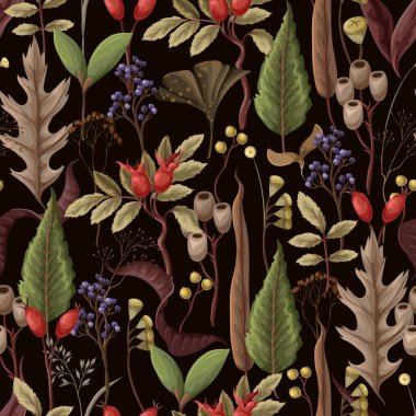 Sonbahar yaprakları ve kurumuş bitkilerle kusursuz desen. Vektör