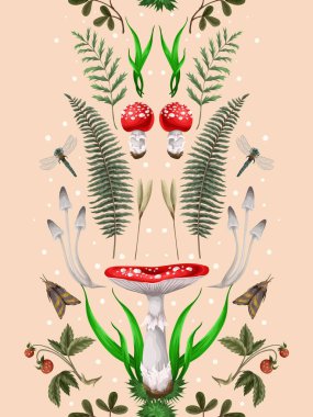 Sivri sinek, diğer mantarlar ve bitkilerle kusursuz desen. Vektör