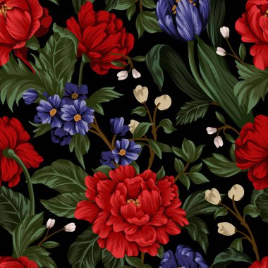 Kırmızı şakayık ve küçük çiçeklerle kusursuz desen. Vektör