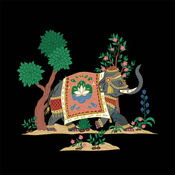Indisk Elefant Med Träd Och Växter Isolerade Vektor — Stock vektor