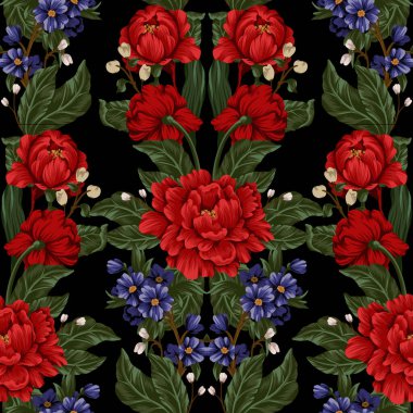 Kırmızı şakayık ve küçük çiçeklerle kusursuz desen. Vektör