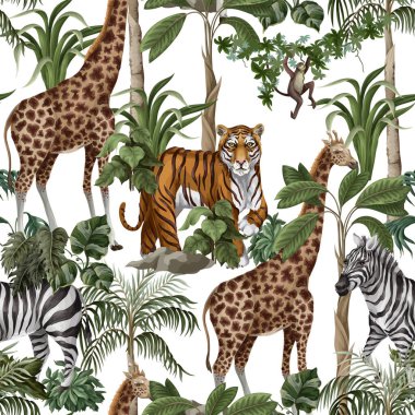 Seamless pattern with wild animals and jungle trees for kids. Vector clipart