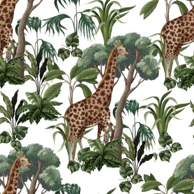 Zürafa ve orman ağaçlarıyla kusursuz desen. Vektör