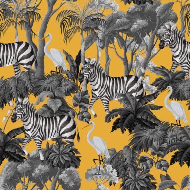 Zebra, balıkçıl ve orman ağaçlarıyla kusursuz desen. Vektör