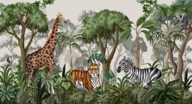 Çocuklar için vahşi hayvanlarla dolu orman manzarası. Vektör