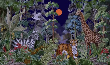 Çocuklar için vahşi hayvanlarla dolu gece ormanı. Vektör