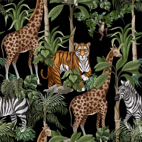 Seamless pattern with wild animals and jungle trees for kids. Vector