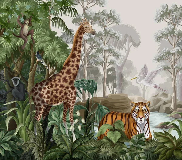 Jungle landscape with wild animals for kids. Vector