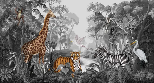 Monochrome jungle landscape with wild animals for kids. Vector