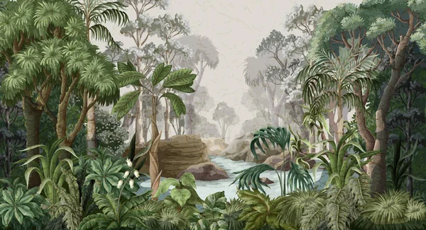 Jungle landscape with trees and plants. Vector interior print.