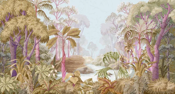 Джунглі Пейзаж Деревами Рослинами Векторний Внутрішній Принт — стоковий вектор