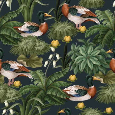 Seamless pattern with ducks and water lilies in the pond. Vector