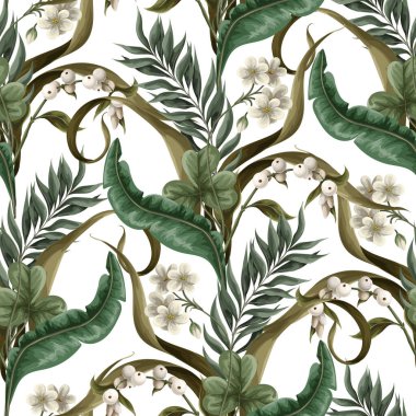 Beyaz çiçekli, böğürtlenli, eğreltiotlu ve yapraklı kusursuz desen. Botanik illüstrasyon. Vektör