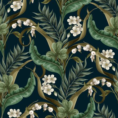 Beyaz çiçekli, böğürtlenli, eğreltiotlu ve yapraklı kusursuz desen. Botanik illüstrasyon. Vektör