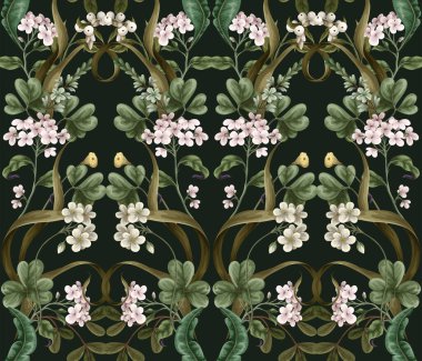 Beyaz çiçekli, böğürtlenli, eğreltiotlu ve yapraklı kusursuz desen. Botanik illüstrasyon. Vektör